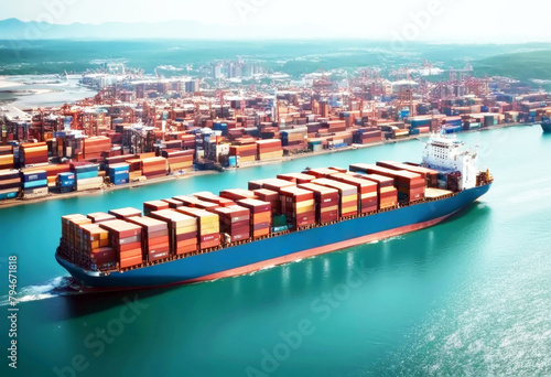 'banner design space copy ship container view Aerial sea open boat transportation logistic business export import carrying cargo carrier commercial distribution dubai freight freighter global good'