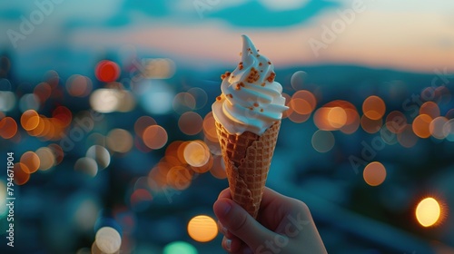 A hand holding an ice cream cone with a blurred background of city lights.