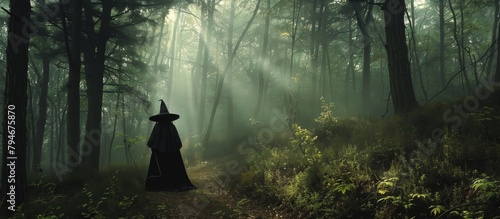 A mysterious figure dressed in a dark cloak and hat is standing alone amidst the trees in the forest