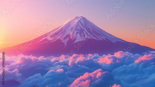 Mount Fuji enshrouded in clouds with clear sky. Fuji Mountain and Pink Sakura Branches. Sunrise at famous Mount Fuji. Top view of the Japan icon Mt Fuji from the airplane. 