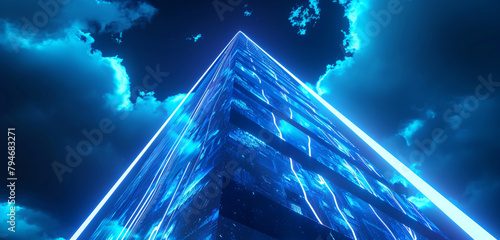 Neon-lit blue obelisk in 3D, piercing the night sky in modern design.