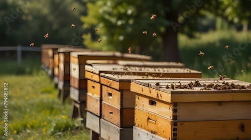 Close up of flying bees. Summer apiary with several Wooden coloured beehive of honeybees on green meadow. bee farm. Beekiping concept.generative.ai 