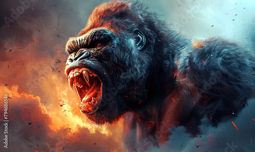 An artistic rendition of a roaring gorilla amidst a vibrant twilight sky. generate AI