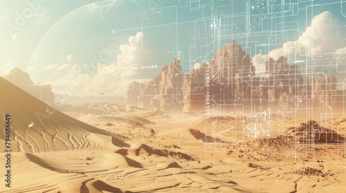 Techno desert with circuitry dunes and data mirages
