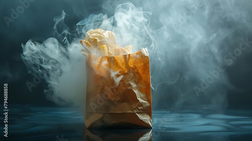 A paper bag filled with fast food, steam rising from the opening, condensation clinging to its sides