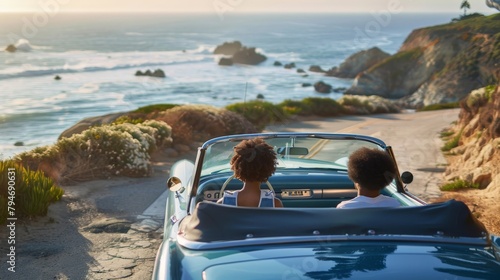 Couple driving in a convertible on a coastal road, enjoying the ocean breeze