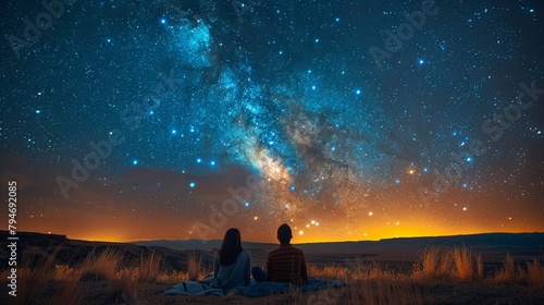 Show groups of friends or couples lying on blankets at the night sky 
