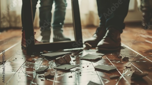 A broken family picture frame on the floor, symbolizing domestic discord