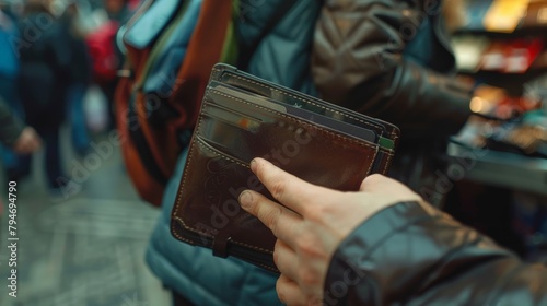 A close-up of a hand snatching a wallet from an open purse in a crowded market