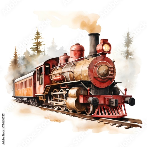 Steam locomotive in the forest. Watercolor illustration on white background