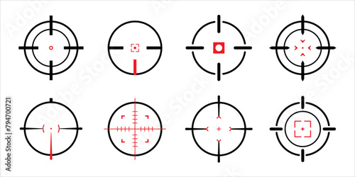 Target aim set. Crosshair target weapon sniper army sight for gun or rifle in red and black color. Sniper scope target navigation for shooting, optic crosshair, weapon, military, shooting game.