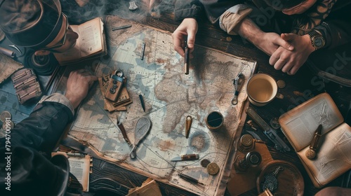 A group of thieves planning a heist around a cluttered table filled with maps and tools