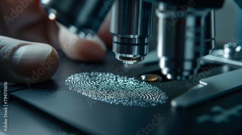 Through the eyepiece of a microscope we see a fingerprint on a glass slide enlarged and in great detail. The forensic scientists hand can be seen adjusting the lens in the background .