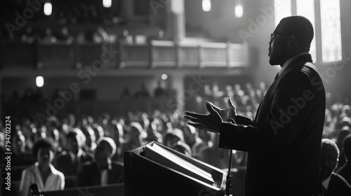 A black and white photo of a pastor standing at the pulpit delivering an impassioned sermon to a packed church. The intensity and emotion in the pastors face and hand gestures convey .