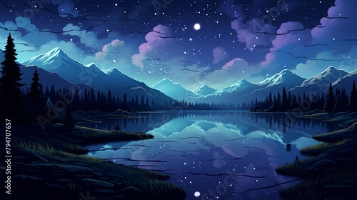 A beautiful landscape of a mountain lake at night. The sky is full of stars and the water is reflecting the light.