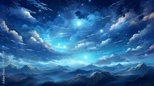 A beautiful night sky with bright stars and clouds over a mountain range.
