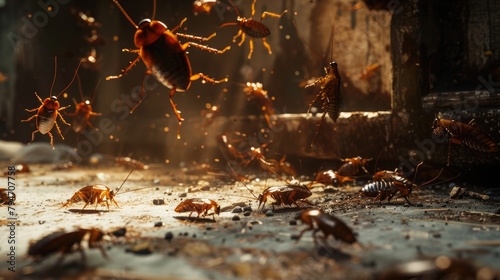 A detailed image of a cockroach infestation, showcasing the potential health risks associated with cockroaches and the need for pest control.