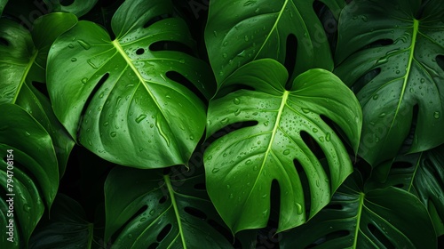 A close-up of a giant monstera deliciosa leaf with water droplets on it.