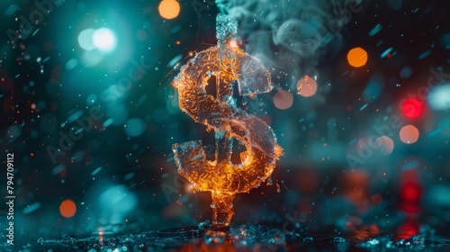 A glowing, fiery dollar sign disintegrating amid smoke and bokeh, representing financial uncertainty.