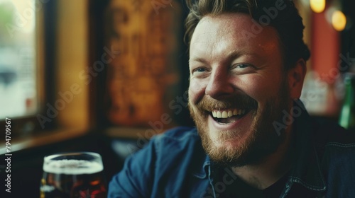 A smiling bearded man savoring a pint of beer in a cozy pub atmosphere, capturing a moment of joy and relaxation.