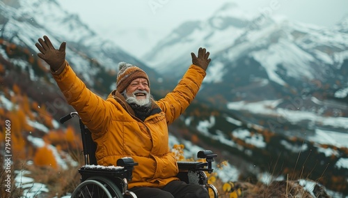 Person in wheelchair overcoming obstacles and difficulty. Handicap disability concept,An old man sitting in a wheelchair, back view, raising his arms in celebration, overlooking the beautiful snow-cap