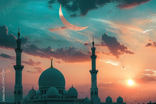 Mosques dome on dusk sunset sky and crescent moon symbol religion of Islamic free space text with Ramadan month, Eid Al Adha, Eid Ul Fitr, Muharram
