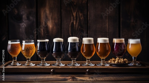 A variety of beers in different glasses on a wooden table.