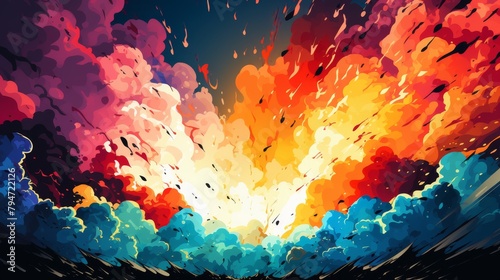 Colorful abstract painting of a fiery explosion