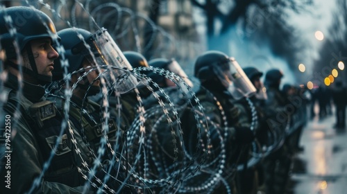 A line of police officers stand in front of a barricade made of metal fencing and barbed wire creating a physical barrier between themselves and a crowd of angry protestors. .