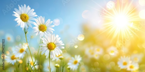 White daisies basking in the sunlight with a vibrant blue sky backdrop.