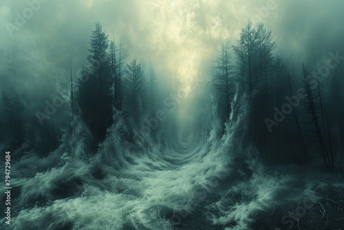 Translucent veils of mist enveloping a forest of abstract forms, shrouding the landscape in an ethereal cloak of mystery and wonder in a mesmerizing display of digital creativity.