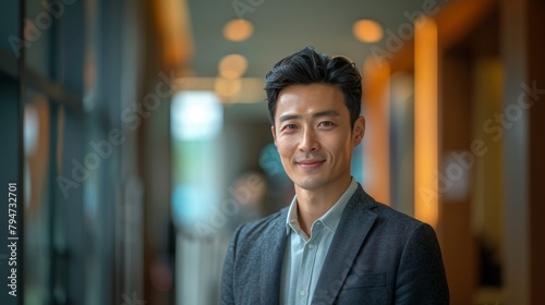A young Korean businessman in a suit and tie is smiling for the camera