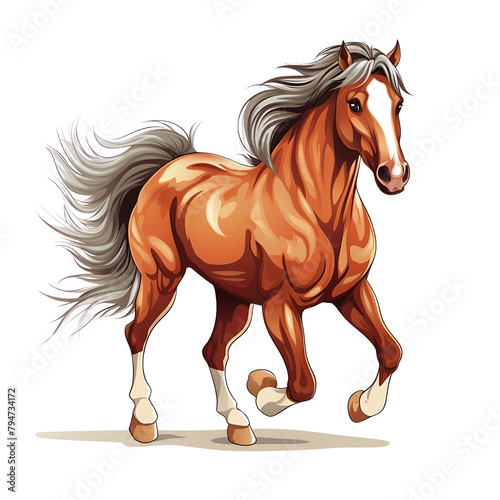 Animated chestnut horse trotting, with a flowing mane and tail. Generative AI