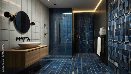 interior bathroom deign and decoration with showers set and interior tiles in the background in the combination of the blue and red color abstract background 