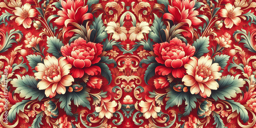 Spring red flowers backdrop beautiful floral seamless pattern of fabric flowers baroque colorful decoration wallpaper background
