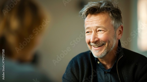 Portrait of a joyful mature man engaging in a pleasant conversation, evoking warmth and friendliness.