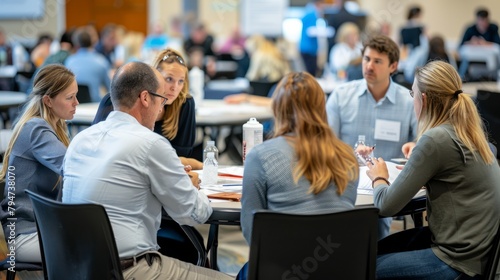 A group of individuals engaged in conversation and collaboration while sitting around a table during a workshop session