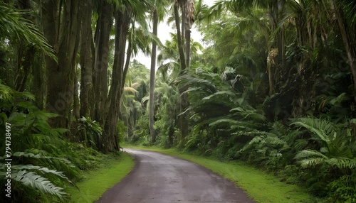 A jungle road bordered by towering palms and lush upscaled 6