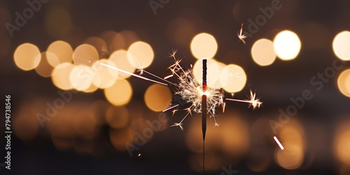 Close-up of a lit sparkler, with warm bokeh lights creating a festive background.