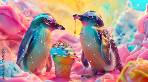 Whimsical scene of penguins waddling with vibrant ice cream cones, adding a pop of color to icy landscapes. 
