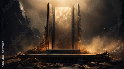 An epic fantasy painting of a golden portal in a dark cave