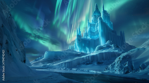 An ice castle under the aurora borealis, shimmering icy walls and frozen sculptures, magical and cold atmosphere