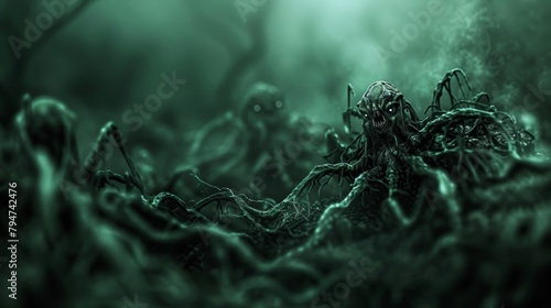 A fantasy depiction of luminescent spiders amidst an enigmatic, foggy underbrush.