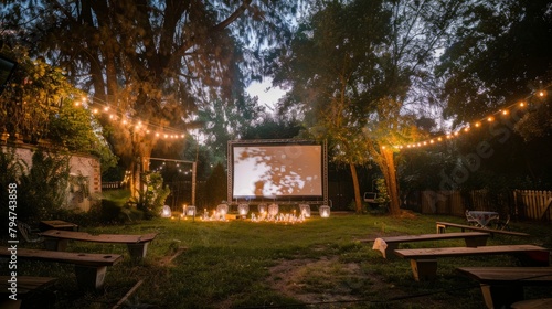 A movie screen set up in the middle of a yard for outdoor film screenings during nighttime