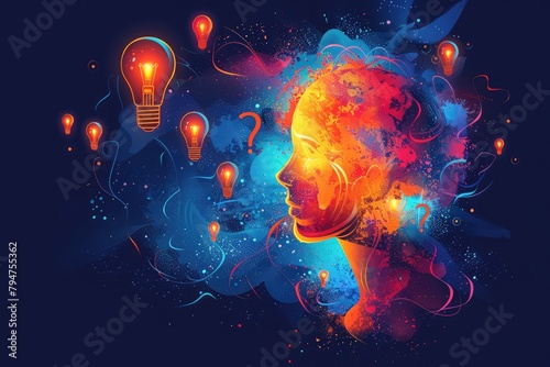 An abstract representation of a content creators mind, visualizing the brainstorming process for engaging posts, surrounded by lightbulbs and question marks