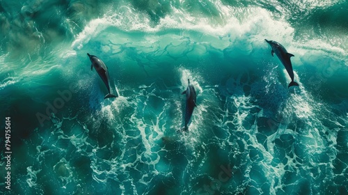 Three dolphins swimming and playing in vibrant turquoise ocean waves, showcasing grace and agility