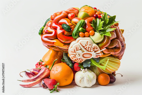 Anatomical brain constructed entirely from assorted fruits and vegetables, in white background