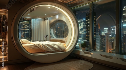 A futuristic cylindrical capsule with large windows offering a unique and immersive experience of sleeping under the stars in a bustling city. 2d flat cartoon.
