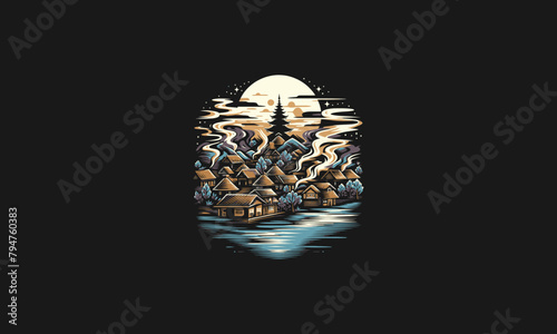 village with smoke night moon vector artwork design