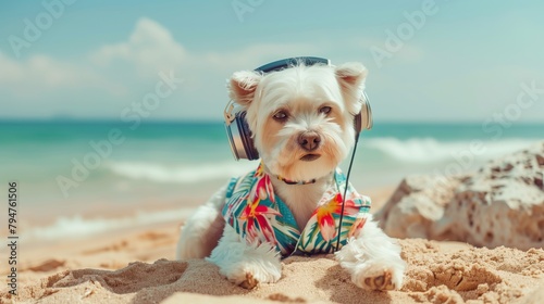 A relaxed dog on a sandy beach with headphones, symbolizing leisure, a summer trip, and the ultimate holiday relaxation with space on the sign for your message